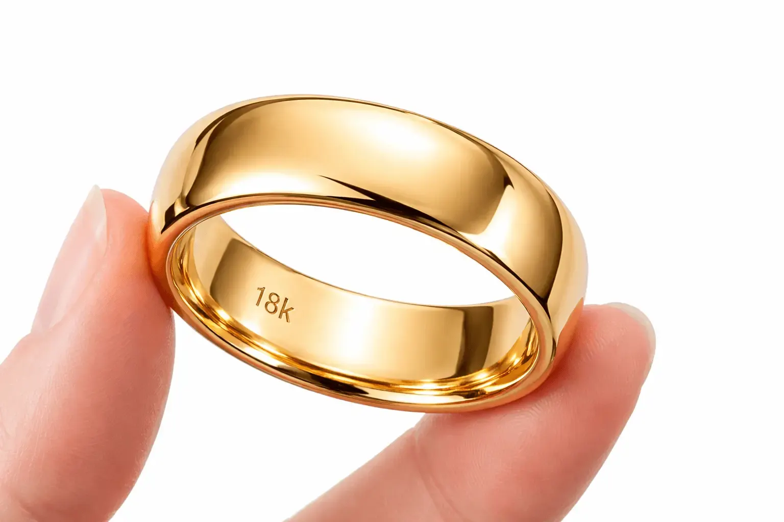 Hand holding a polished 18K gold wedding band with an engraving visible on the inside of the band